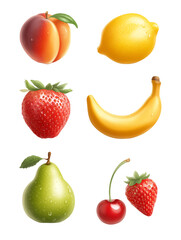 Assortment of fresh fruits including peaches strawberries banana pear lemon and cherries