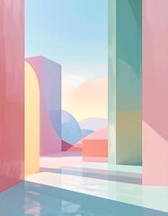Pastel-colored abstract scene with geometric shapes and sky