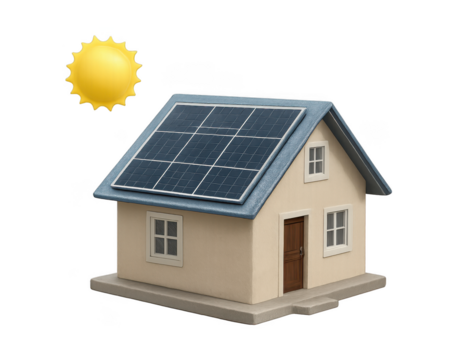 Small house with rooftop solar panels and sun symbolizing renewable energy