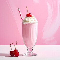 Pink milkshake in tall glass, topped with whipped cream, cherry