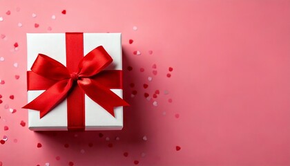 Elegant white gift box with red ribbon and bow on pink background adorned with scattered heart confetti