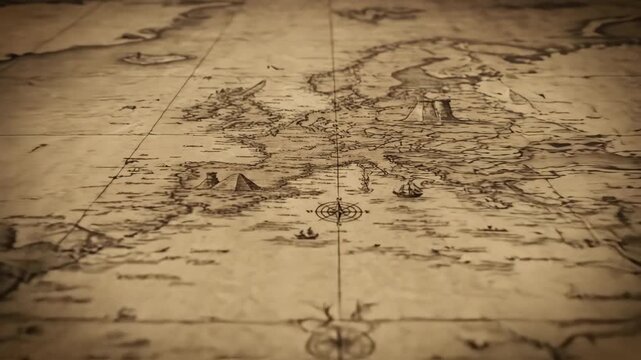 Ancient World Map with Compass Rose and Sea Monsters on Green Screen Background.