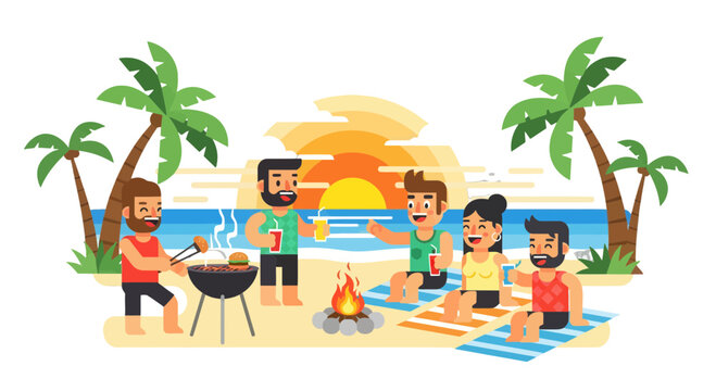 Friends Gathering For A Beach Party Illustration During Sunset With Food And Drinks