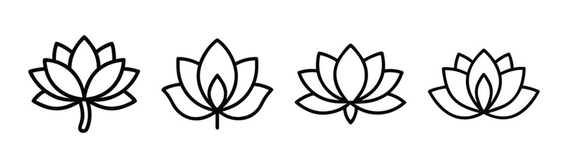 Set of four delicate line art lotus flowers blooming gracefully offering peace and serenity