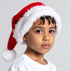Portrait of a young boy wearing a red and white holiday hat with a fluffy white trim, gazing calmly. The background is plain