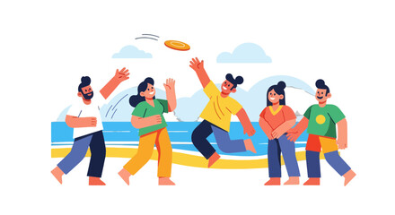 Friends Play With A Frisbee On The Beach In Playful Summer Illustration