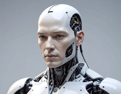 Close-up of a sleek, white humanoid robot head with wires and details