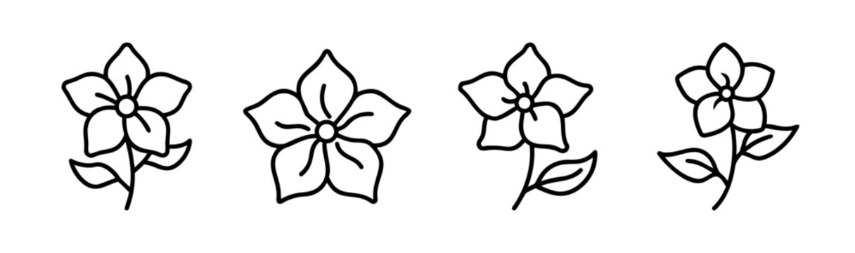 Set of four delicate hand-drawn mandevilla flower illustrations with stems and leaves