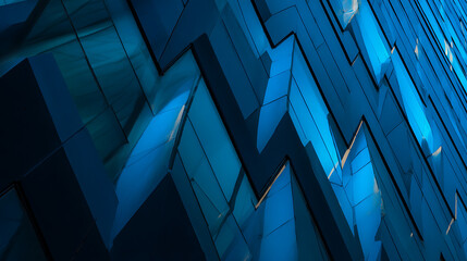 Abstract geometric pattern of blue building facade with sharp angles and light reflections image