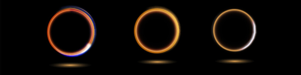 Modern magic witchcraft circle with runes. Ethereal fire portal sign with strange flame spark. Decor elements for magic doctor, shaman, medium. Luminous trail effect on transparent background.