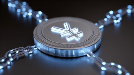 A glowing yen symbol on a coin connected by light trails, representing digital finance