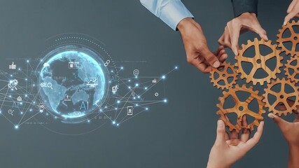 This image depicts teamwork in technology, showcasing hands interacting with gears, a global design, and visual elements representing innovation and connectivity. Raster - Powered by Adobe