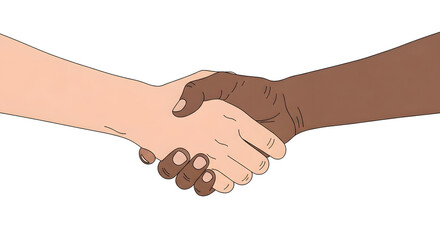 Illustration of a diverse handshake between two people with different skin tones symbolizing unity