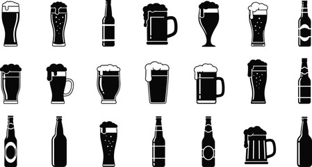Beer glass bottle icon set, black white vector for brewery branding, menus, pub design, beverage, CAD drawing flat vector illustration