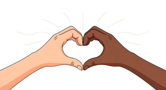 Diverse hands of different skin colors making a heart shape as a symbol of love and unity