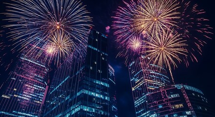 Colorful fireworks illuminating the night sky over modern city skyscrapers, celebrating the new year.