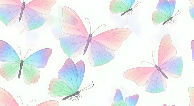 Enchanting pastel butterflies create a dreamy, whimsical pattern perfect for spring designs, adding a touch of delicate beauty to any creative project with its soft, airy feel