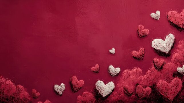 A vibrant background featuring various hearts in shades of red and white, creating a romantic and playful atmosphere, blurred red background