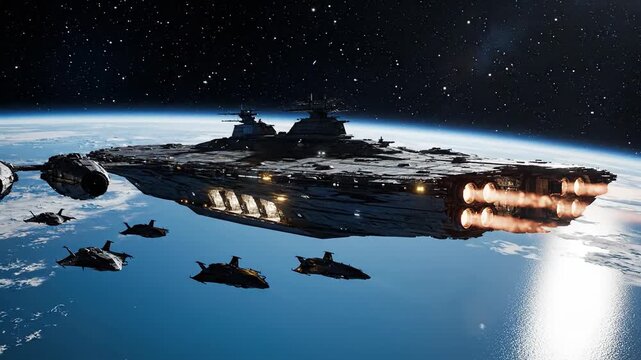 An imposing interstellar battlecruiser with its support fleet arriving in the upper atmosphere of a blue planet