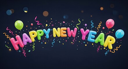 Happy New Year Celebration with Colorful Balloons and Confetti