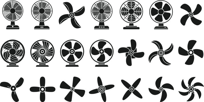Fan icons set, desk fans, ceiling fan blades, propeller designs, black and white vector, cooling equipment, airflow symbols, home appliances