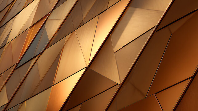 Geometric copper facade with angled panels reflecting warm light abstract