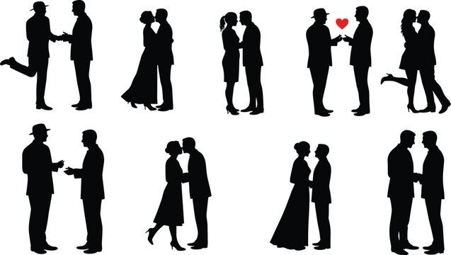 Romantic couple silhouette set, love pose vector, affectionate gesture design, relationship illustration, emotional connection graphics, Valentine theme collection