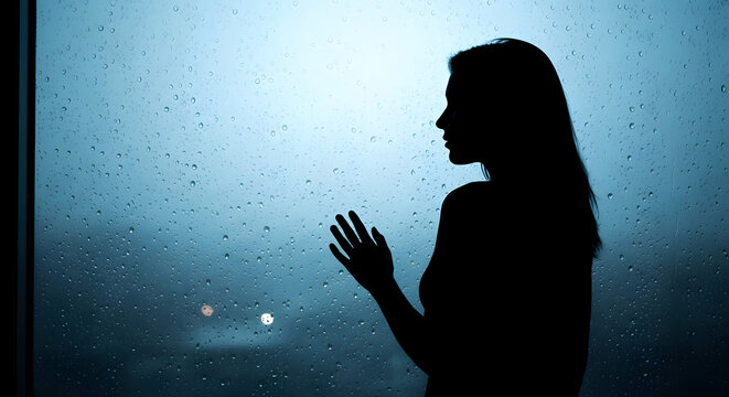 Silhouette of a pensive woman gazing out at rain streaked window, capturing an introspective moment of reflection, solitude, and the calming essence of a rainy day atmosphere