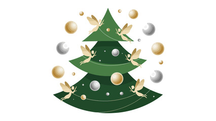 Enchanted Holiday Cheer: An illustrated Christmas tree, adorned with delicate golden fairies and sparkling ornaments, evokes a sense of festive wonder and joy.