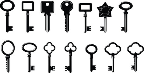 Vintage, modern, decorative, antique, house, lock, security, skeleton, ornate, flat, vector, key, set, collection, isolated, symmetrical, CAD, drawing, illustration, clipart