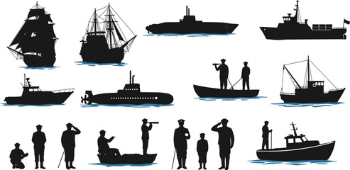 Ship silhouettes, sailor icons, naval vessels, submarine, patrol boat, fishing ship, maritime scene, water accent, black vector, sea transport, crew poses