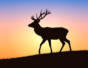 Silhouette of a stag walking along a grassy hill at sunset