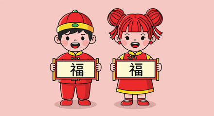 Adorable Cartoon Children in Traditional Chinese Attire Holding Fu Signs.