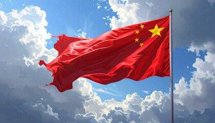 Vibrant Chinese Flag Waving Majestically Against a Dramatic Blue Sky with Fluffy Clouds