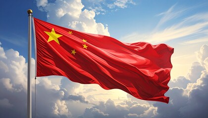 Waving Flag of the People s Republic of China Against a Blue Sky with Clouds Symbol of National Pride and Patriotism