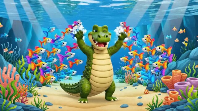 Playful crocodile dancing joyfully with fish friends, symbolizing friendship and fun learning for children.