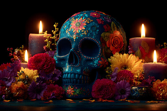 Painted human skull with burning candles and flowers for Mexico's Day of the Dead on dark background