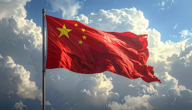 Majestic Chinese Flag Waving Proudly Against a Dramatic Cloudy Sky Symbol of National Pride and Global Power - Powered by Adobe