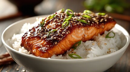 A close-up, hyper-realistic photograph of a perfectly grilled Teriyaki Salmon fillet. Generative AI.