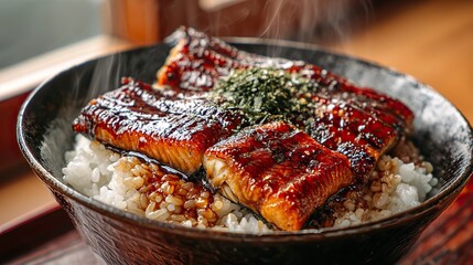 A close-up, hyper-realistic photograph of a steaming hot Unadon bowl. Generative AI.