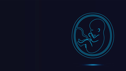 Futuristic Neon Blue Line Art Vector Illustration Of A Developing Human Fetus Inside The Womb Representing Prenatal Development And Advanced Medical Technology On A Dark Background