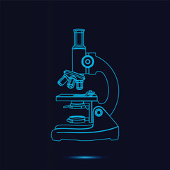 Glowing Blue Outline Vector Graphic of a Modern Laboratory Compound Microscope Used for Scientific Research Analysis and Biology Education on a Deep Dark Technology Background