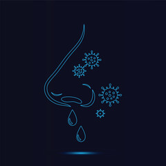 Glowing Blue Line Art Vector Illustration of a Human Nose with Clear Liquid Droplets and Pathogenic Microorganisms Highlighting Common Cold Symptoms Allergy Reactions and Airborne Virus Tran