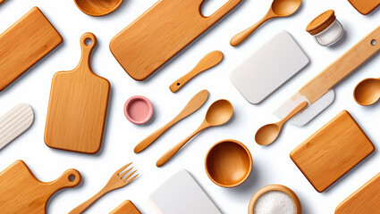 Wooden Kitchen Utensils Arranged on White Background for Culinary and Cooking Design Elements and Healthy Lifestyle Promotion