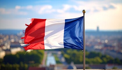 Waving French Flag Against Paris Skyline Symbol of France Travel and Patriotism