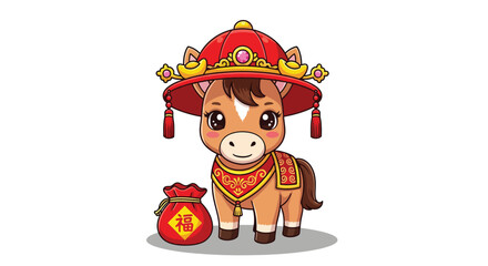 Adorable Cartoon Horse Wearing Traditional Chinese Hat and Festive Attire.