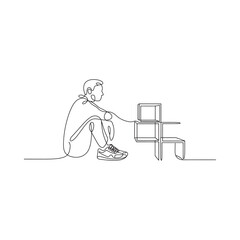 Minimalist line art of a person sitting next to geometric shapes