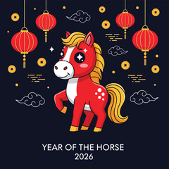 Adorable Cartoon Red Horse Character for Chinese New Year Celebrations.