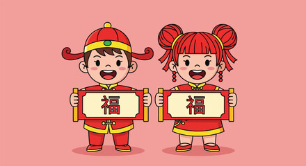 Adorable Chinese Children in Traditional Attire Holding Scrolls with Fu Symbol.