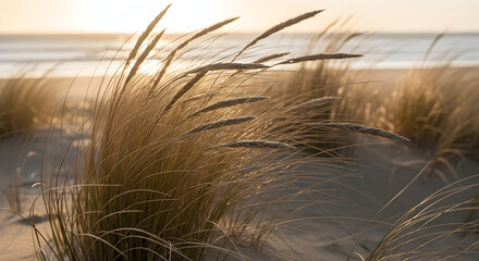 Golden beach grasses swaying gently in warm sunlight, creating a peaceful coastal vibe for travel, relaxation, or nature themes